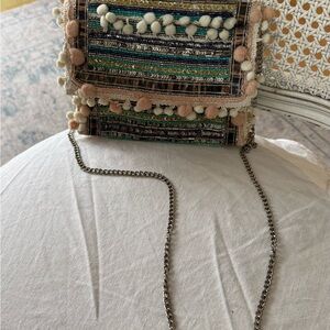 Boho Chic Crossbody Bag with Pom-Poms
